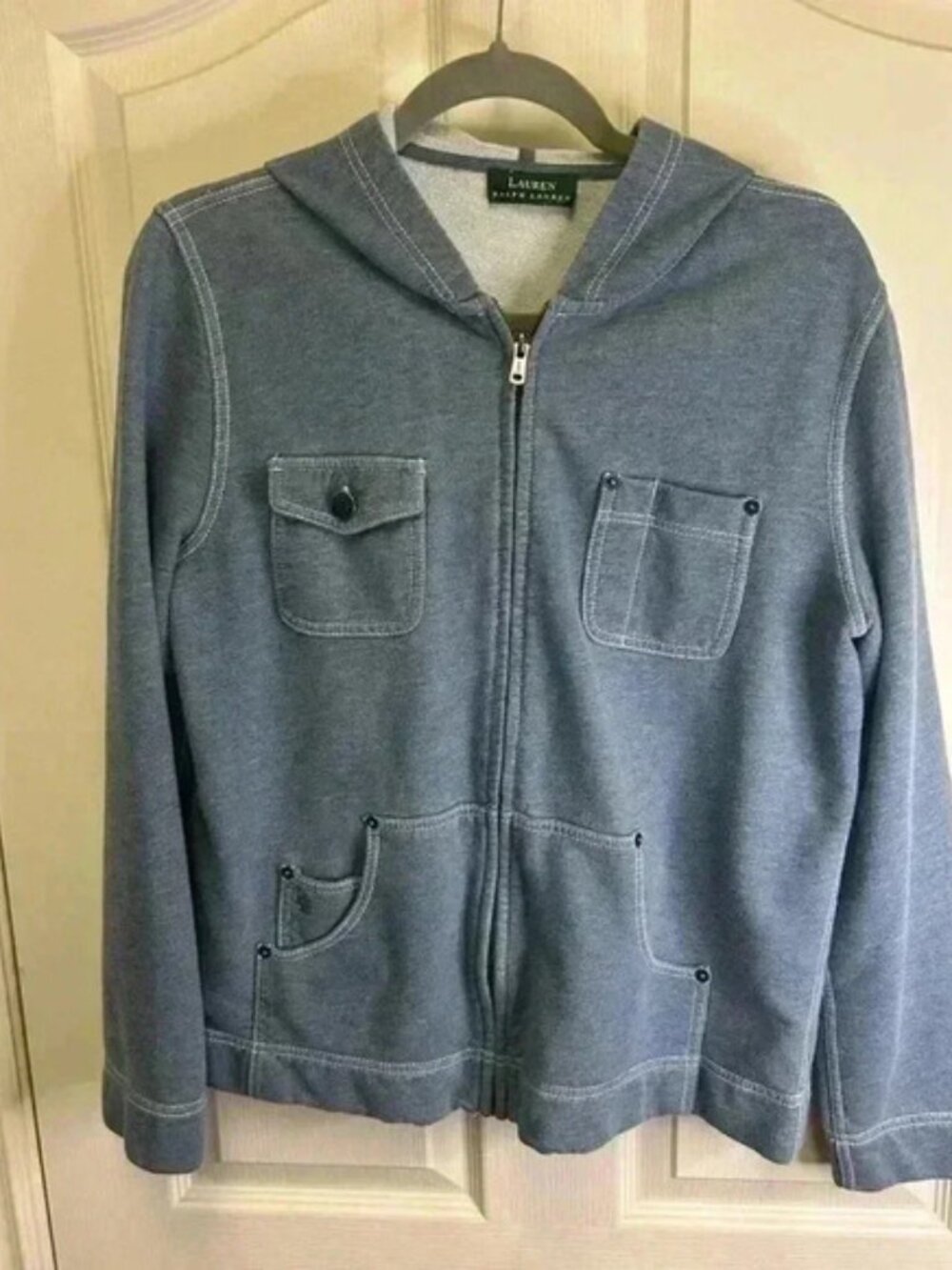 🩵Lauren Ralph Lauren Blue Hooded Sweatshirt w/Front Pockets & White Stitching🩵